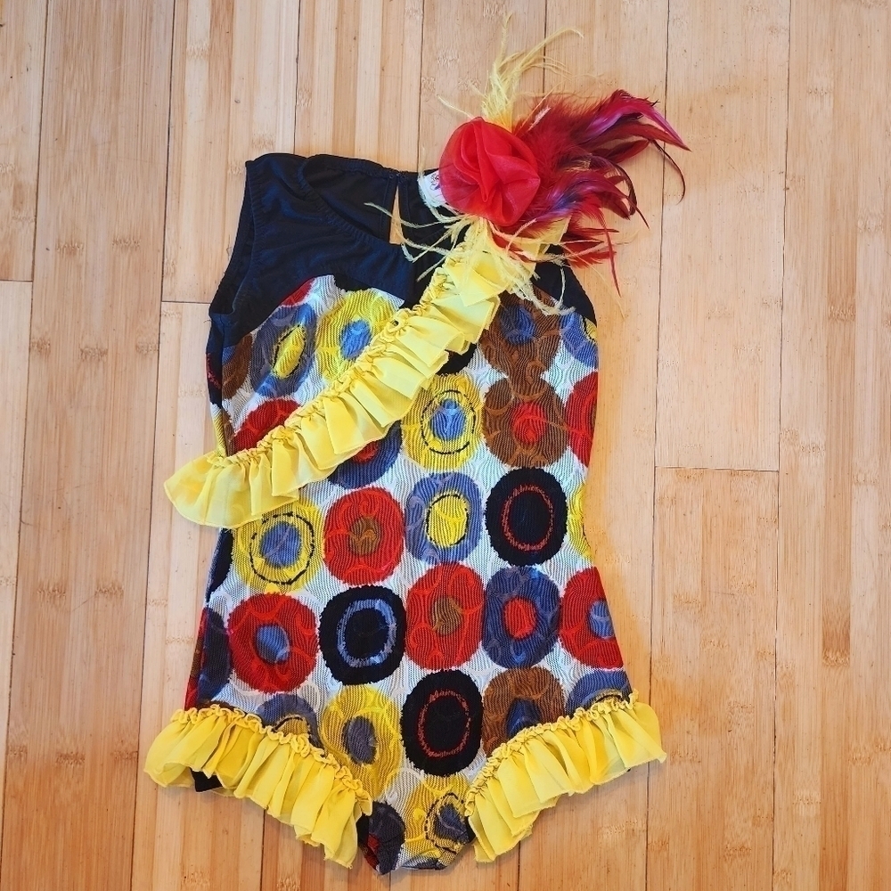 Glamour Costumes Child's Large L Dance Costume Bodysuit Frilly Ruffles Feathers
